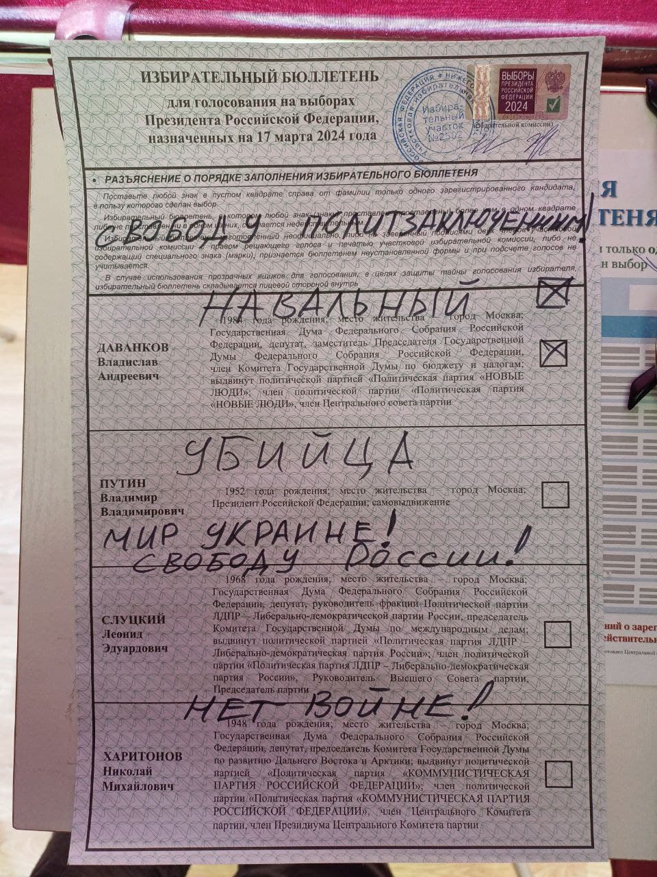 A Russian woman wrote the phrase 'No to war' on the ballot. She was fined and arrested.
